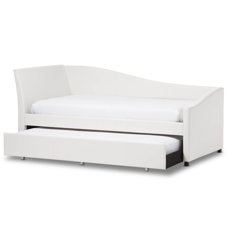 Baxton Studio Vera White Curved Sofa Twin Daybed with Roll-Out Trundle Bed 125-6850
